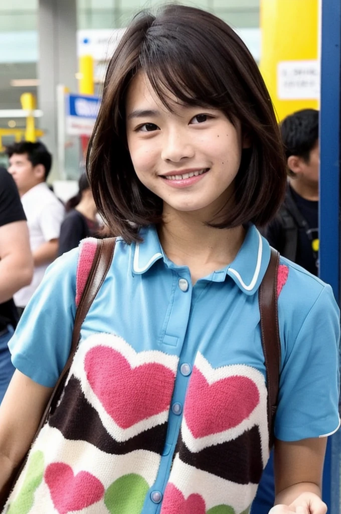 Indonesian boy, dark brown hair, friendly smile makes a finger. Heart is photographed at the airport by paparazzi. A colorful clothing style looks very energetic 