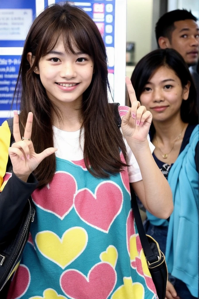 Indonesian boy, dark brown hair, friendly smile makes a finger. Heart is photographed at the airport by paparazzi. A colorful clothing style looks very energetic 