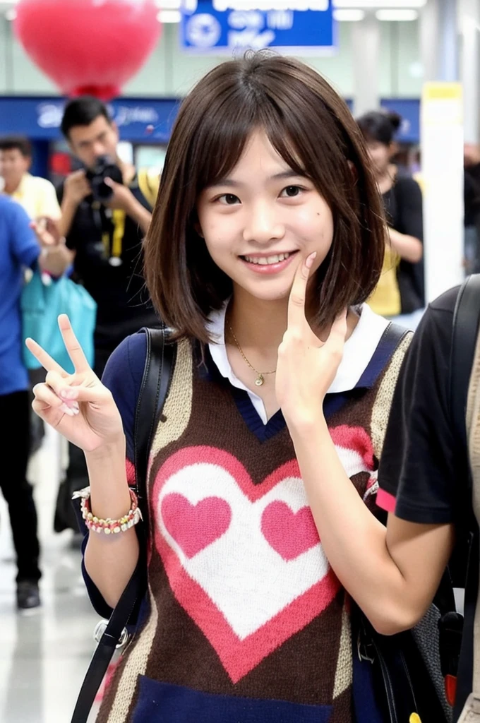 Indonesian boy, dark brown hair, friendly smile makes a finger. Heart is photographed at the airport by paparazzi. A colorful clothing style looks very energetic ￼￼