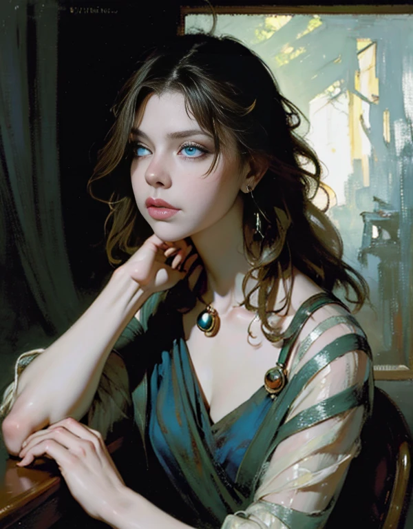 painting of woman, with influence of Jeremy Mann, Jeremy Mann, style of Jeremy Mann, Jeremy Mann painting, Jeremy Mann art, Ron Hicks, Liepke, Jeremy Mann and alphonse mucha, Works that influenced Edmund Blampid, robert lenkiewicz, Casey Baugh and James Jean, Works that influenced Willem Kalf, Nick Alm, tumbler, figurative art, Intense watercolor painting, watercolor detailed art,Beautiful and expressive painting, Beautiful artwork illustration, very colorful tones, Fantastic, cool beauty, highest quality,official art, women only, sharp outline, melancholy, nostalgia, Eyes without pupils, color eye, ideal anima, In search of lost time
