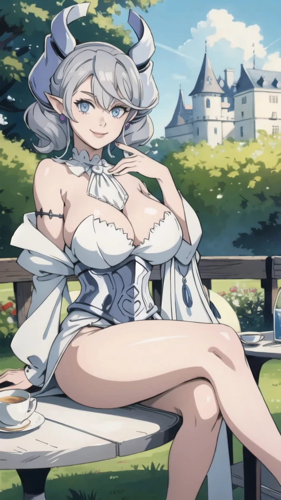 Beautiful arts wallpaper morning Outside castle top  High level image quality　best image quality　8K　 adult woman      more colors   whole body view　portrait　 wearing pure white bikini  　white horn    ears  　short hair（（shortcut）（gray hair）（perm）（fluffy））　eye color is blue ,  　attractive evil face , smile   ,  sitting in the garden, table with cups of tea, servents around her    ,  labrynth      , crossed legs,  