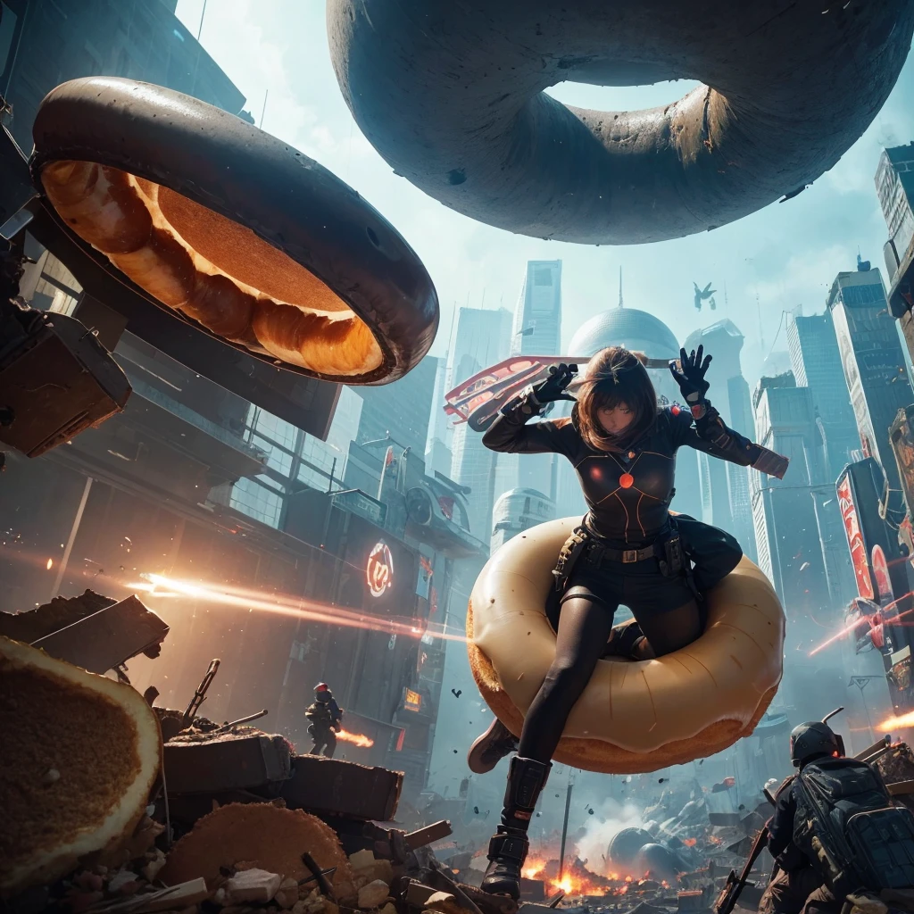 A person with their head stuck in a giant donut, looking confused, in a comical and exaggerated manner, The background is a game world in the middle of a battle, a futuristic city is about to be destroyed.