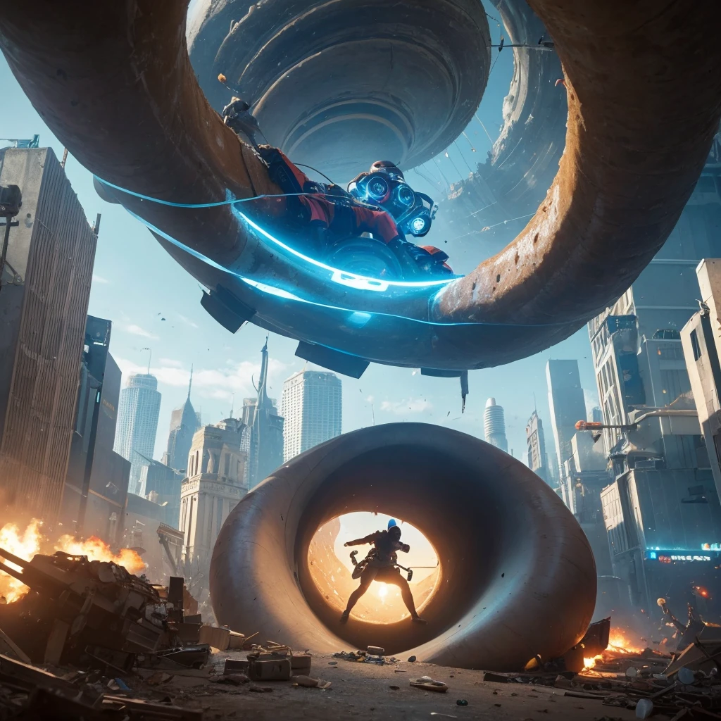 A person with their head stuck in a giant donut, looking confused, in a comical and exaggerated manner, The background is a game world in the middle of a battle, a futuristic city is about to be destroyed.