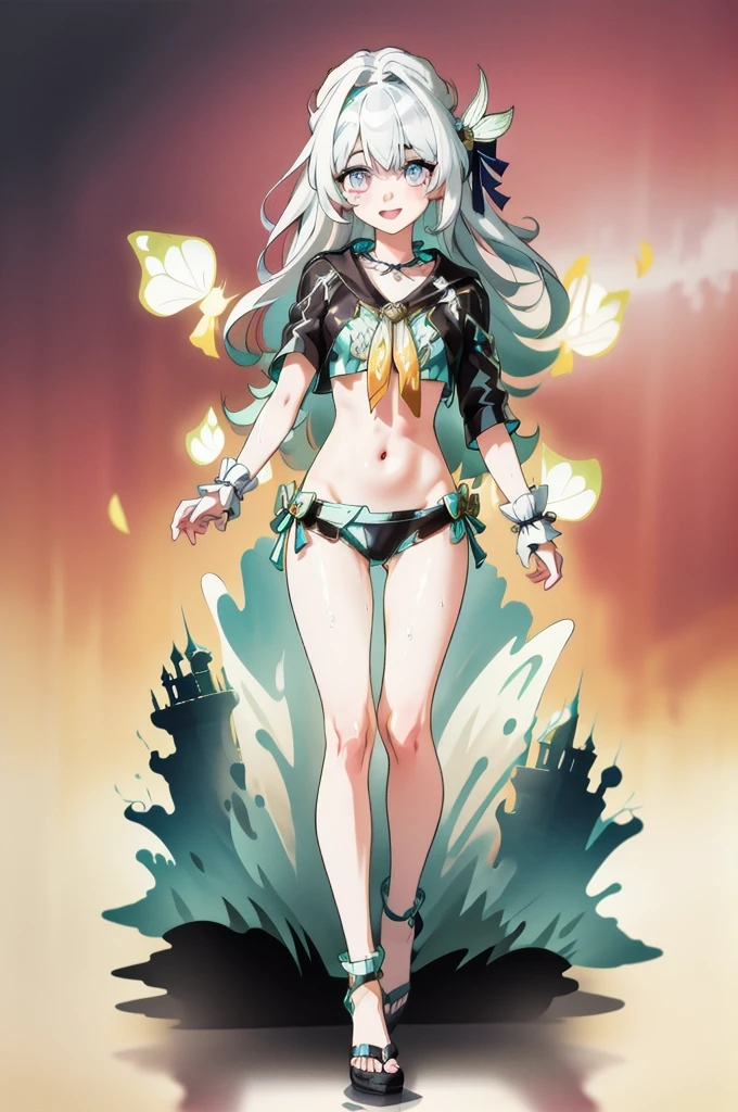 High resolution, masterpiece, accurate, Highest quality, Winner of numerous awards, High-resolution model,
Heavy bangs,Silver Hair,Wet Hair,Super long hair,ponytail,
slender,White skin,Medium chest Ice blue eyes,Sharp, thin eyebrows,smile,
Seaside,Western-style castle,
Butterfly Hair Ornament,Crystal Earrings,
Swimwear,Simple bikini,
Character portrait,Full body anime style, One girl, solo,