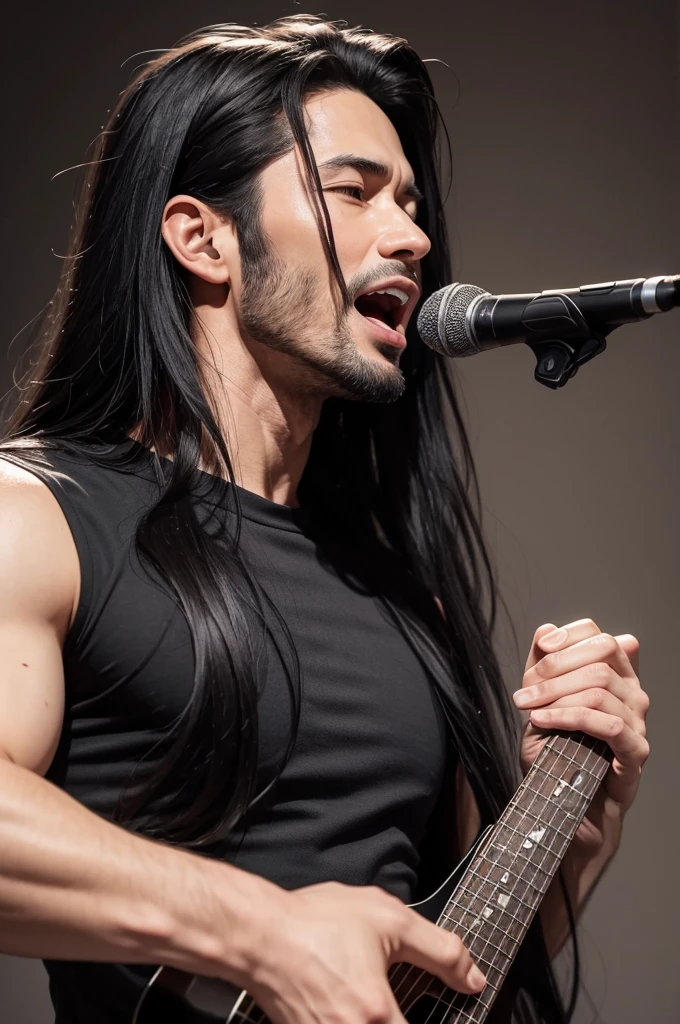 A man singing with long black hair looking 40 years old