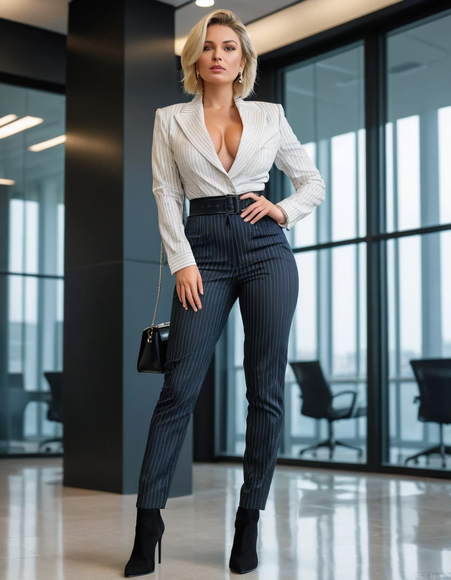 sexy shy female office worker in a tailored pinstripe suit and revealing blouse and black high heeled ankle boots standing in a modern office block foyer , candid picture, tight suit pants, black ankle boots, high heel ankle boots, black heels, deep cleavage, luxury blouse, figure hugging pants, in the air, hand touching her pussy, aggressive stance, sexy face, deep cleavage standing in large modern office building foyer carrying a leather tote bag, firmly holding her breasts, pushing her breasts together, curvy accentuated booty, breasts, very large breasts, flirty pose, sensual pose, seductive pose, confrontation pose, (messy bob hairstyle, white blond hair color), messy hairstyle, messy bob, messy hairstyle, white blond, 5 foot 3 inches tall, 110 pounds in weight, 34G breasts, large firm round breasts, very large breasts, photorealistic, 4K, 8K, UHD, long shot, back view, view from the back, view from down low, view from the side, view from an angle, nsfw