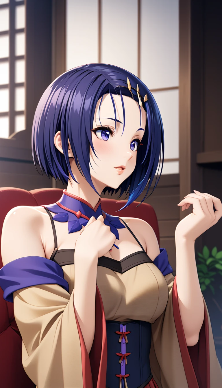 (Masterpiece、Highest quality、Very detailed、4K)、One Woman、Dark blue hair、short hair、(((Haruna Sairenji)))、