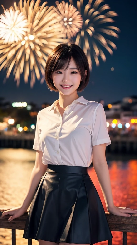 Have short hair、Very Beautiful Japan Woman。She is wearing a skirt、He has striking bluish-black eyes and a bright smile.。The background is the seaside at night、They are happily watching the fireworks。
The image style is realistic.、It adds a touch of glamour.。