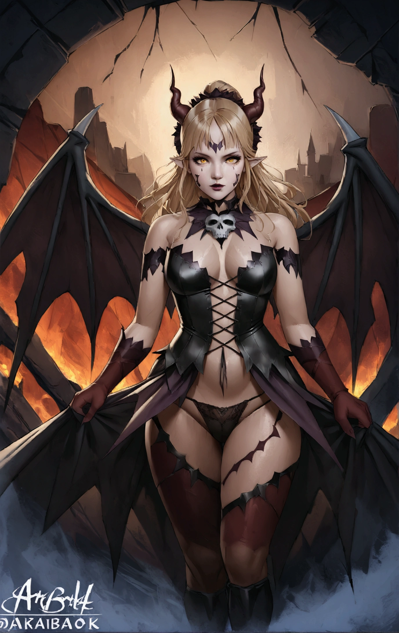 Photo realistic, ultra-detailed, 1girl, mature, milf, 50 years old, full body portrait, ancient succubus, athletic, day of the dead facepaint, white high ponytail hair, straddling over the camera with legs spread wide open, open legs, see through lowleg panties, firey, dragon scale demon wings, horns, fire and brimstone eruprions, scary detailed art in color, aroused expression, busty, curvy hips, sexy, alluring, posing with open legs, sheer hipster panties, highly detailed fantasy art, beautiful fantasy art portrait, intricate detailed digital art, highly detailed digital painting, digital art fantasy art, mark brooks detailed, detailed fantasy digital art, amazing detail digital art, close-up portrait demoness skull,