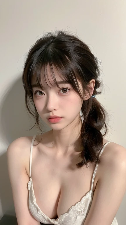 (Masterpiece:1.3), (8ก, realistic, RAW photos, Best picture quality: 1.4), Japanese high school girl、(Random hairstyle:1.2)、have big breasts:1.2、Breastfeeding 1.It&#39;s too big、round bottom、complete appearance、The page is very detailed.、eye for details、Double eyelids、Put your hearts together、Sharp focus:1.2、beautiful woman:1.4、light brown hair、Highest quality、Masterpiece、Ultra high resolution、(realistic:1.4)、Highly detailed and professional with a bright smile.、Loose and light knitwear、hold one&#39;shoulder、thin、Serious expression、Short and delicate hair、Serious position