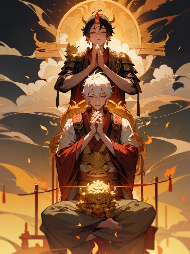 Dragon God Kannon Bodhisattva,Burning eyes, Horn, White shorthair, Black Armor, torii, male, Actor Shaka, Praying with hands together, Zen meditation, golden lion statue, fusion of spirituality, lotus flower field, paradise, fusion of god and Buddha
