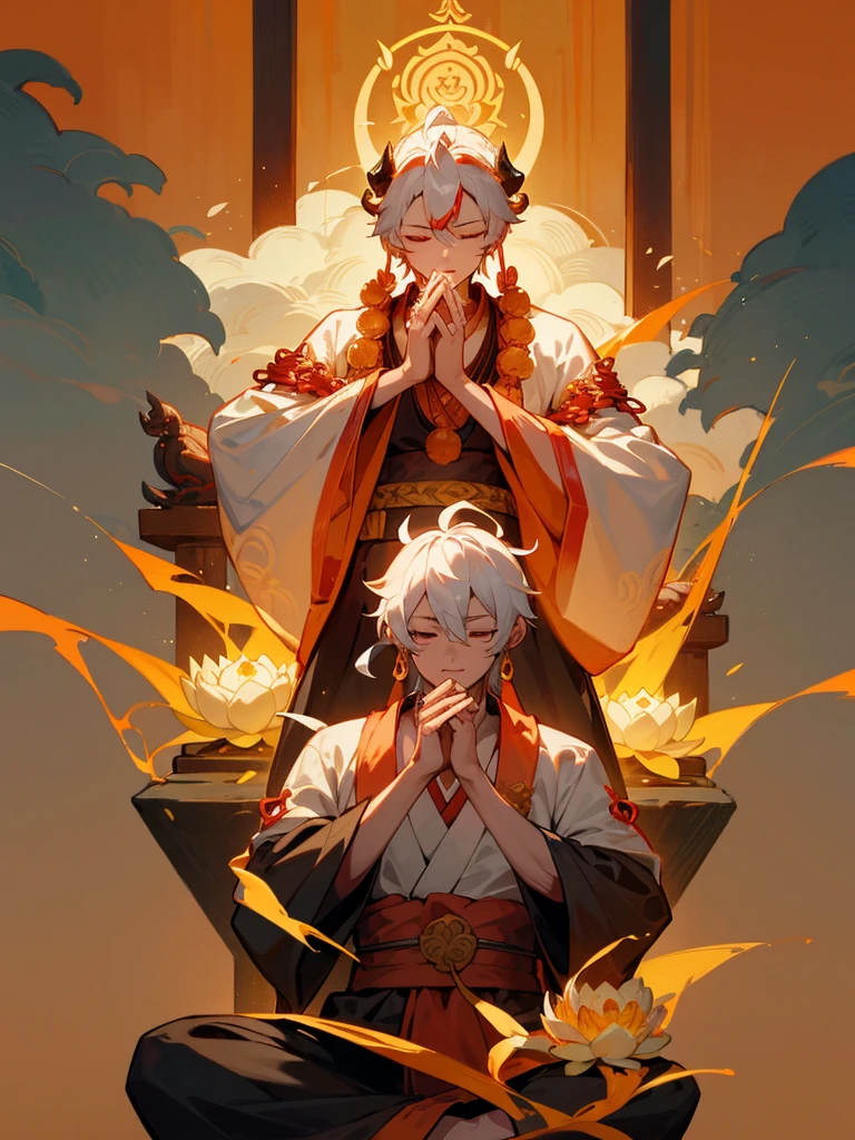 Dragon God Kannon Bodhisattva,Burning eyes, Horn, White shorthair, Black Armor, torii, male, Actor Shaka, Praying with hands together, Zen meditation, golden lion statue, fusion of spirituality, lotus flower field, paradise, fusion of god and Buddha