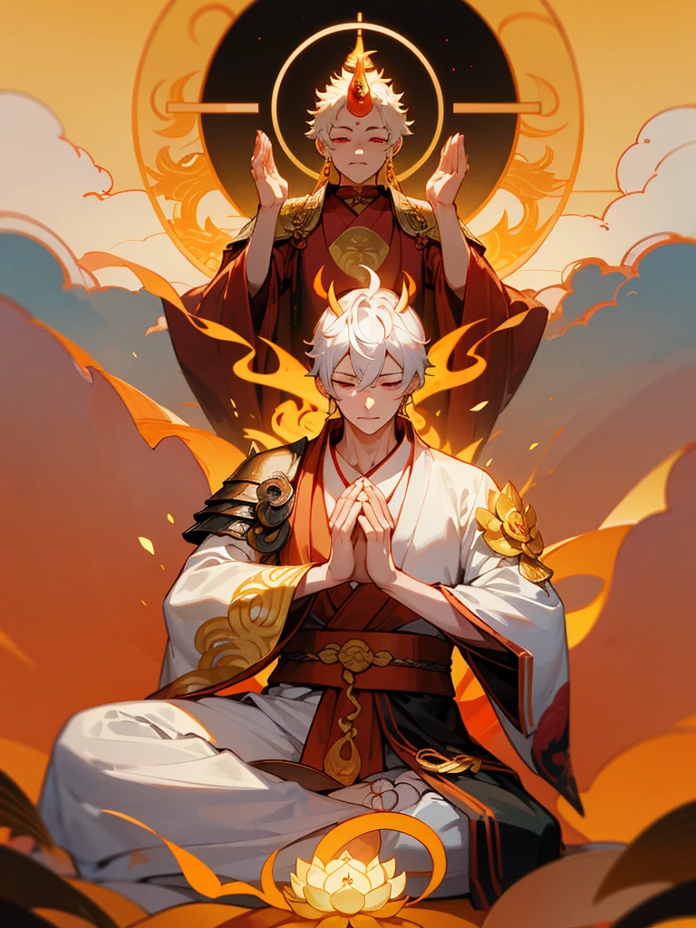 Dragon God Kannon Bodhisattva,Burning eyes, Horn, White shorthair, Black Armor, torii, male, Actor Shaka, Praying with hands together, Zen meditation, golden lion statue, fusion of spirituality, lotus flower field, paradise, fusion of god and Buddha