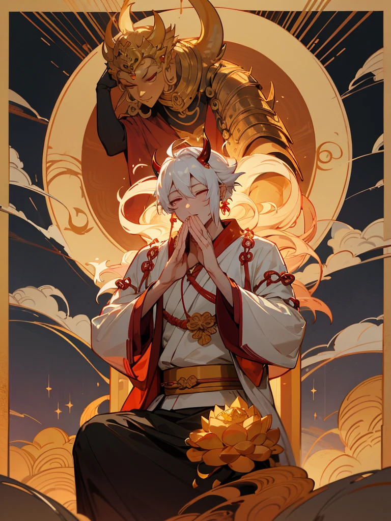 Dragon God Kannon Bodhisattva,Burning eyes, Horn, White shorthair, Black Armor, torii, male, Actor Shaka, Praying with hands together, Zen meditation, golden lion statue, fusion of spirituality, lotus flower field, paradise, fusion of god and Buddha