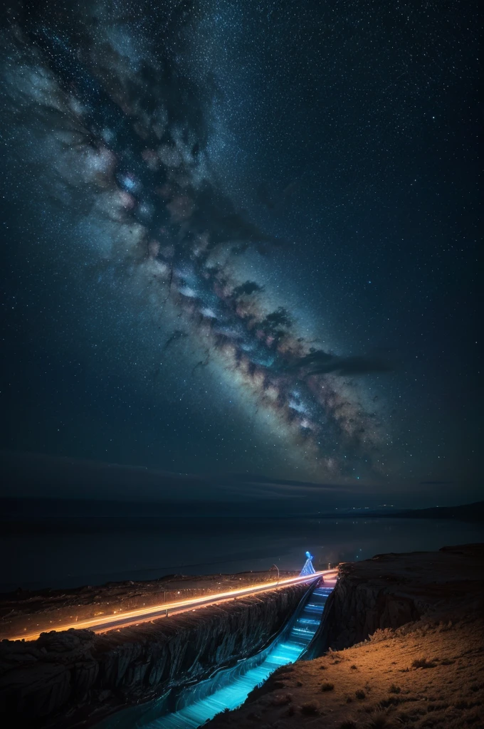 a surreal spiritual dimension, giant colorful water slide, night sky with stars, extraphysical energy, cinematic lighting, hyperrealistic, highly detailed, 8k, photorealistic, dramatic, ethereal atmosphere, serene, fantasy landscape, mystical, otherworldly, vibrant colors, glowing, mesmerizing, awe-inspiring, vast universe in background