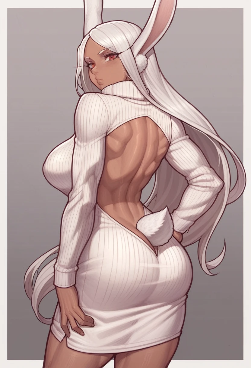 _asura style, 1girl, mirko, animal_ears, solo, dark-skinned_female, dark_skin, rabbit_ears, ass, tail, long_hair, dress, rabbit_tail, breasts, looking_at_viewer, tail_through_clothes, rabbit_girl, looking_back, turtleneck, large_breasts, from_behind, back, backless_outfit, hand_on_hip, clothing_cutout, sweater, long_sleeves, butt_crack, backless_dress, muscular_female