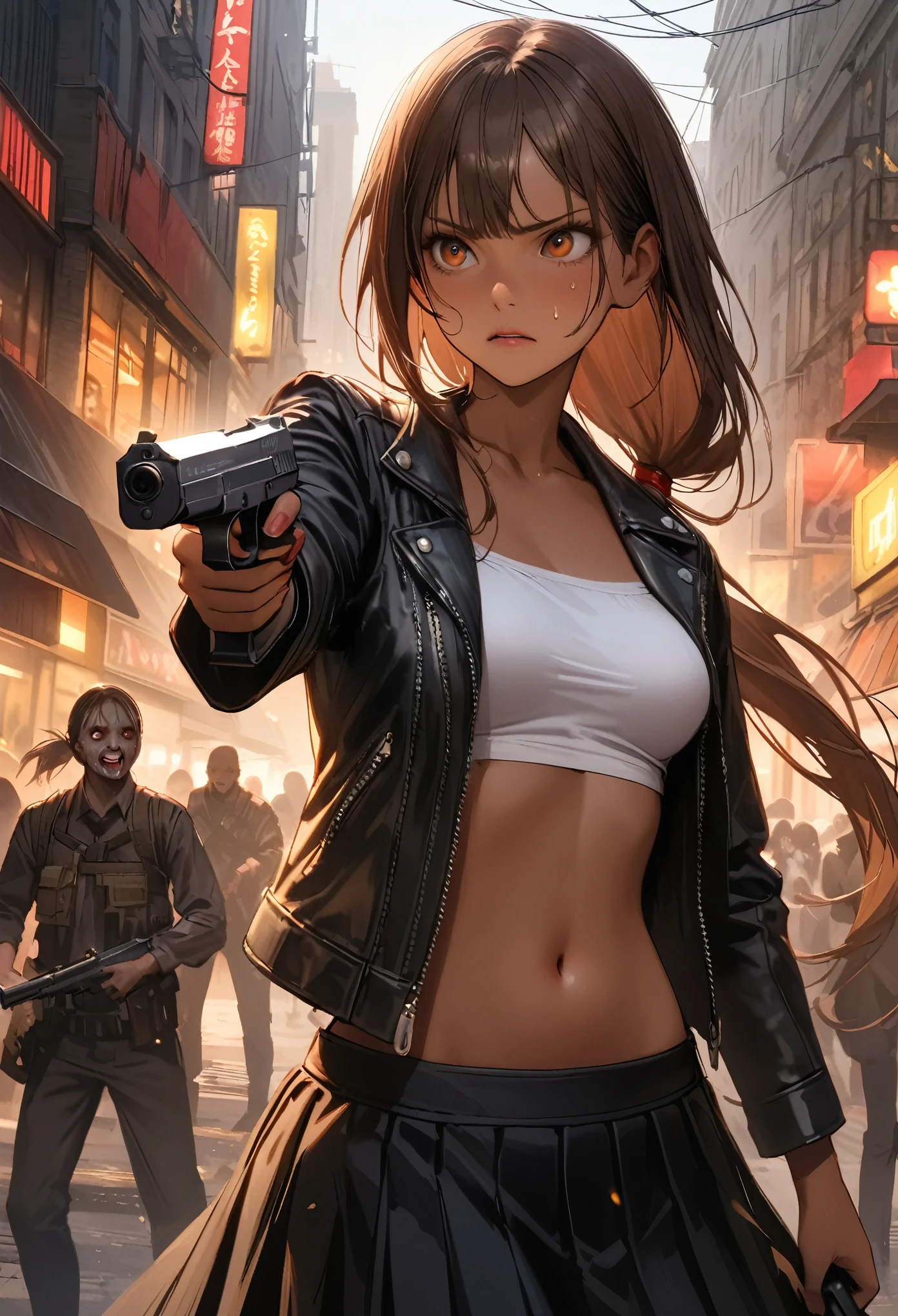 Dynamic action scenes、Woman shooting down zombieasterpiece,Highest quality:1.3,best quality illustration)),(realistic),cowboy shot,独奏,1woman,25 year old beauty,brown hair,(low ponytail hair),long hair,bangs,brown eyes,(gorgeous big eyes),((very small head:1.3)),Serious expression,((very long body:1.2,skinny)),((tan skin:1.4)),medium breasts,Black leather double rider jacket、White tube top shirt、navel,Black pleated mini skirt,((Hold a gun、Shoot a gun:1.3)),gleaming skin,slender body,sweat,(Multiple zombies roaming around)、on street,New York City、Resident Evil World、