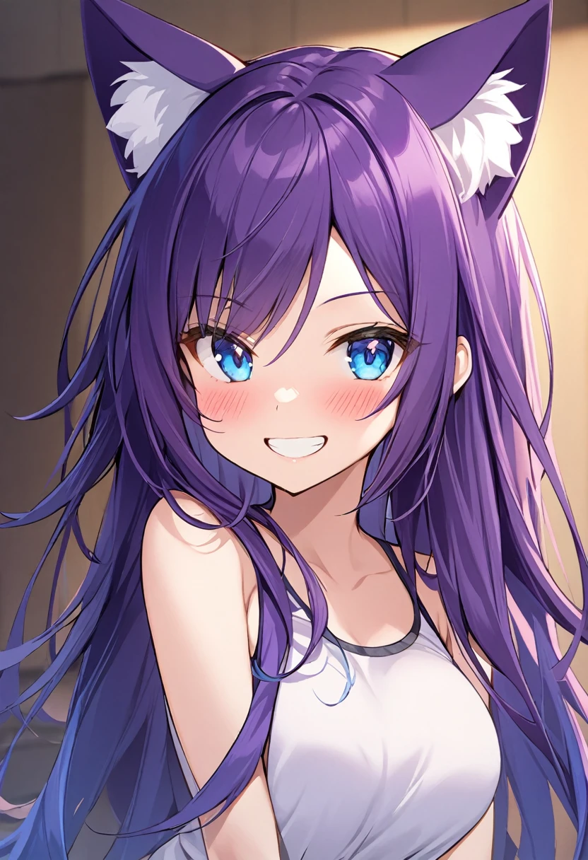 1girl, Blue eyes, Long Hair, Bangs, Purple Hair, Breasts, Smile, Blush, Light Smile, cat ears