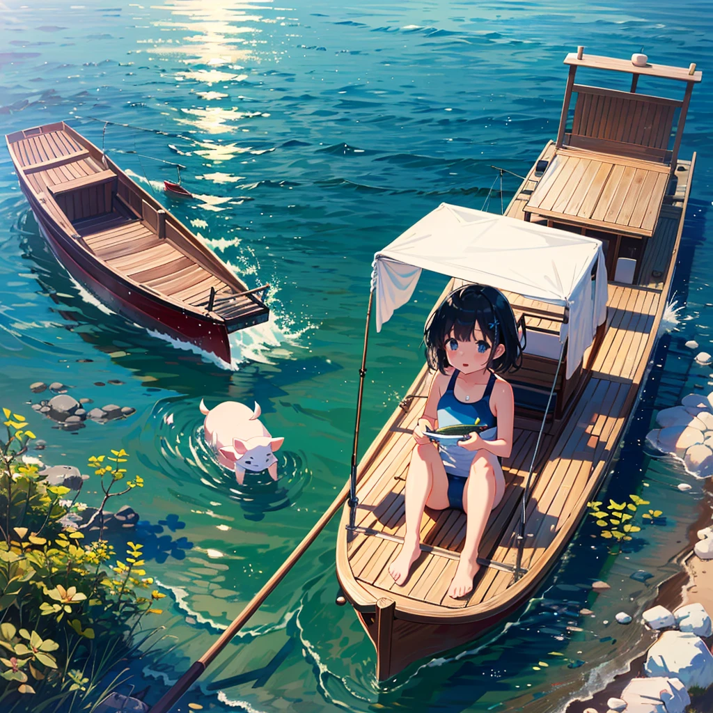 Masterpiece, highest quality, high resolution background, bright and beautiful atmosphere, 3 girls (2 years old, 1 short-tempered round face), 1 (hair, surface effects), small breasts, cute swimsuit, riding on a boat A girl, a boat floating on the sea, a girl with a fishing rod, a big fish hanging on the end of the fishing rod, a mini pig riding a boat, mini pigs swimming in the sea, "deltamon_sdXL :0.73) >Deltamon