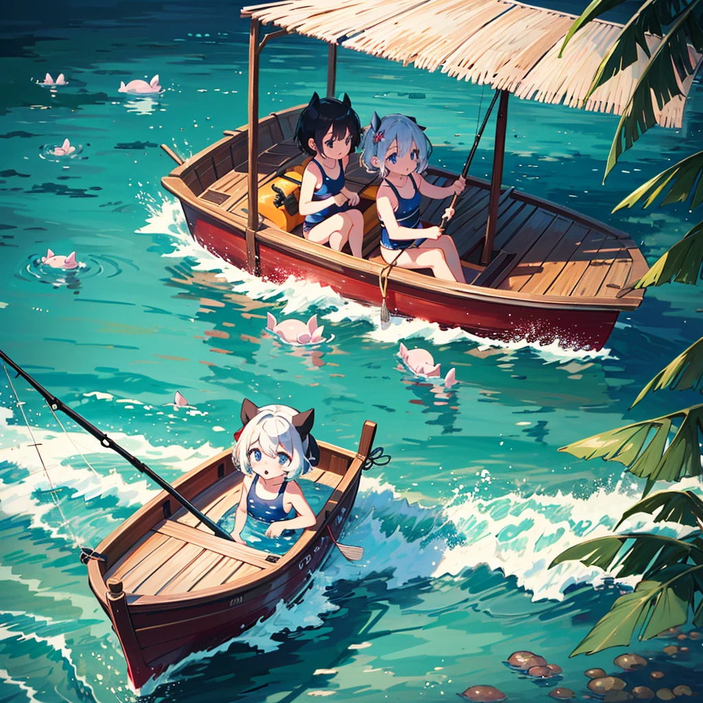 Masterpiece, highest quality, high resolution background, bright and beautiful atmosphere, 3 girls (2 , 1 short-tempered round face), 1  (hair, surface effects), small breasts, cute swimsuit, riding on a boat A girl, a boat floating on the sea, a girl with a fishing rod, a big fish hanging on the end of the fishing rod, a mini pig riding a boat, mini pigs swimming in the sea, "deltamon_sdXL :0.73) >Deltamon