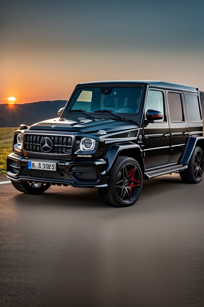 A Smart and handsome boy stand beside a G63 AMG G Wagon Jeep, the man wearing a Black Color pent coat, A Clean Road with free Field side, sunset time, crystal clear details, insane details, highly detailed