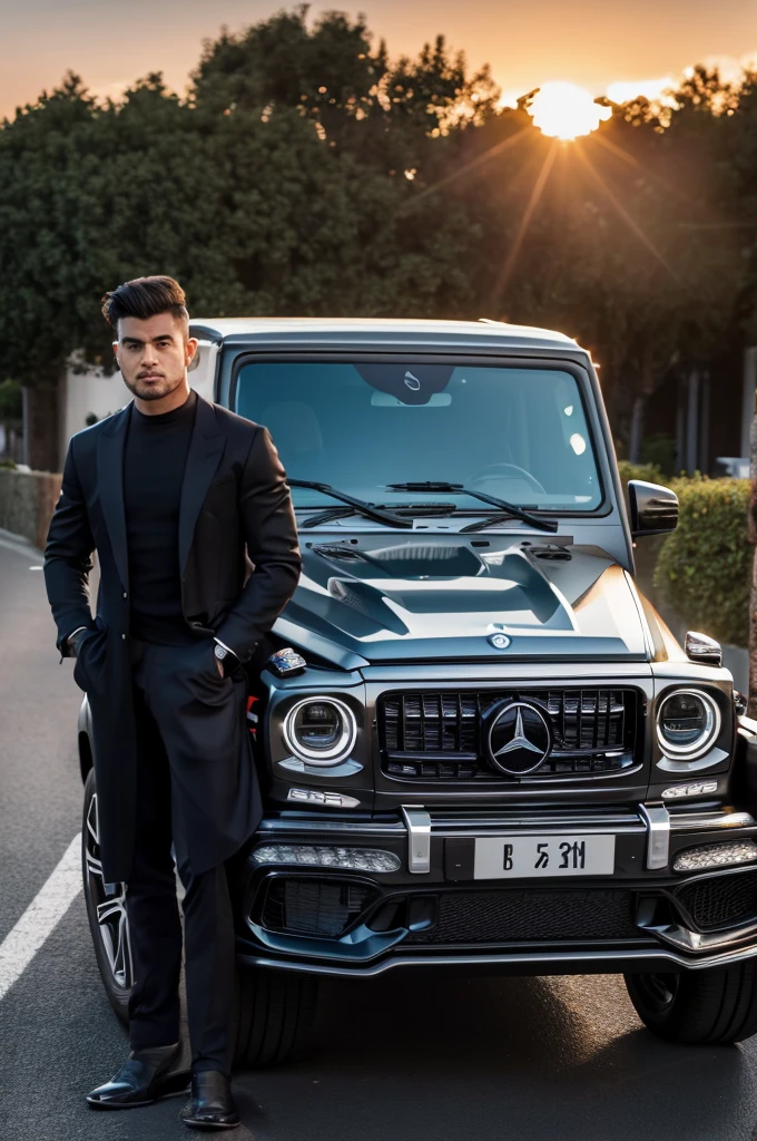 A Smart and handsome boy stand beside a G63 AMG G Wagon Jeep, the man wearing a Black Color pent coat, A Clean Road with free Field side, sunset time, crystal clear details, insane details, highly detailed 