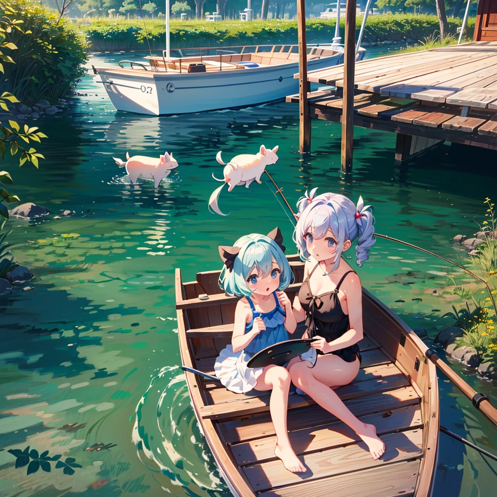 Masterpiece, highest quality, high resolution background, bright and beautiful atmosphere, 3 girls (2 years old, 1 short-tempered round face), 1 (hair, surface effects), small breasts, cute swimsuit, riding on a boat A girl, a boat floating on the sea, a girl with a fishing rod, a big fish hanging on the end of the fishing rod, a mini pig riding a boat, mini pigs swimming in the sea, "deltamon_sdXL :0.73) >Deltamon