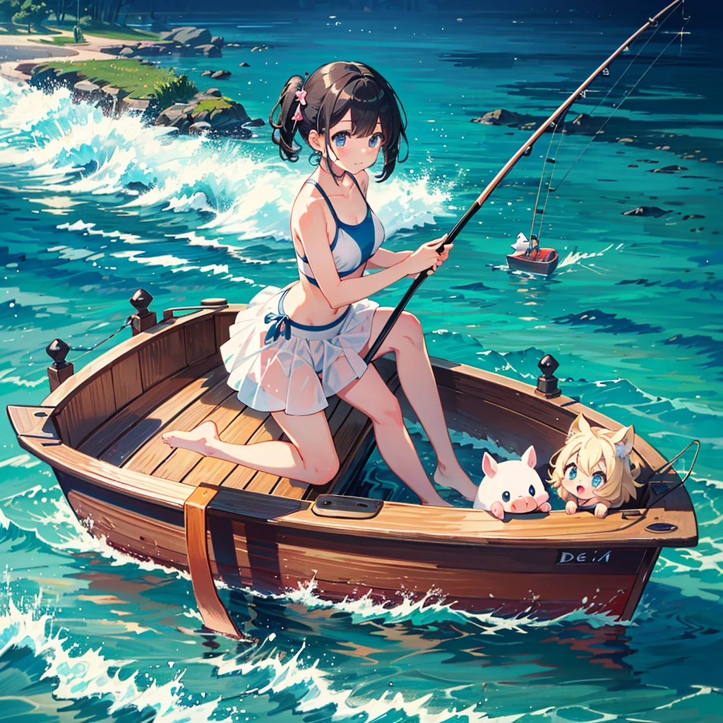 Masterpiece, highest quality, high resolution background, bright and beautiful atmosphere, 3 girls (2 , 1 short-tempered round face), 1  (hair, surface effects), small breasts, cute swimsuit, riding on a boat A girl, a boat floating on the sea, a girl with a fishing rod, a big fish hanging on the end of the fishing rod, a mini pig riding a boat, mini pigs swimming in the sea, "deltamon_sdXL :0.73) >Deltamon