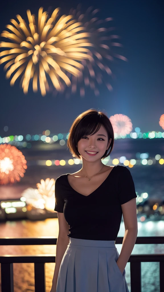 Have short hair、Very Beautiful Japan Woman。She is wearing a skirt、He has striking bluish-black eyes and a bright smile.。The background is the seaside at night、They are happily watching the fireworks。
The image style is realistic.、It adds a touch of glamour.。