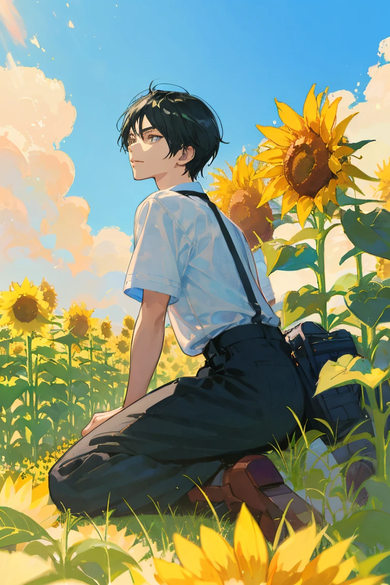 Painting of a boy sitting in a flower bed, 1boy, coronation of Prince of Flowers, Official Anime Artwork, Prince of Flowers, scene : Sunflower field, scene: Sunflower field, bright summer day, Poster ; summer, Official artwork, Yellow sunshine, shigenori soejima illustration, Beautiful sunflower anime girl, Anime Cover, Bright sunny day