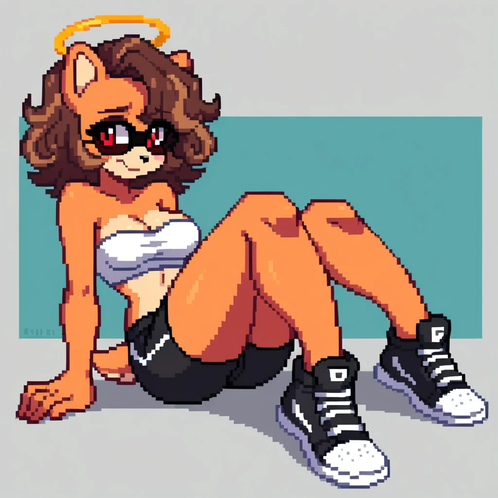 score_9, score_8_up, solo, mobian, hedgehog, two-tone fur ((orange fur, brown fur)), pyjama elastic shorts, strapless crop top, cleavage, high-top sneakers, two-tone hair (brown hair, black tip)), curly hair, halo, sunglasses, jewelry, red eyes, longeyelashes, red eyes, smile, shy, blush