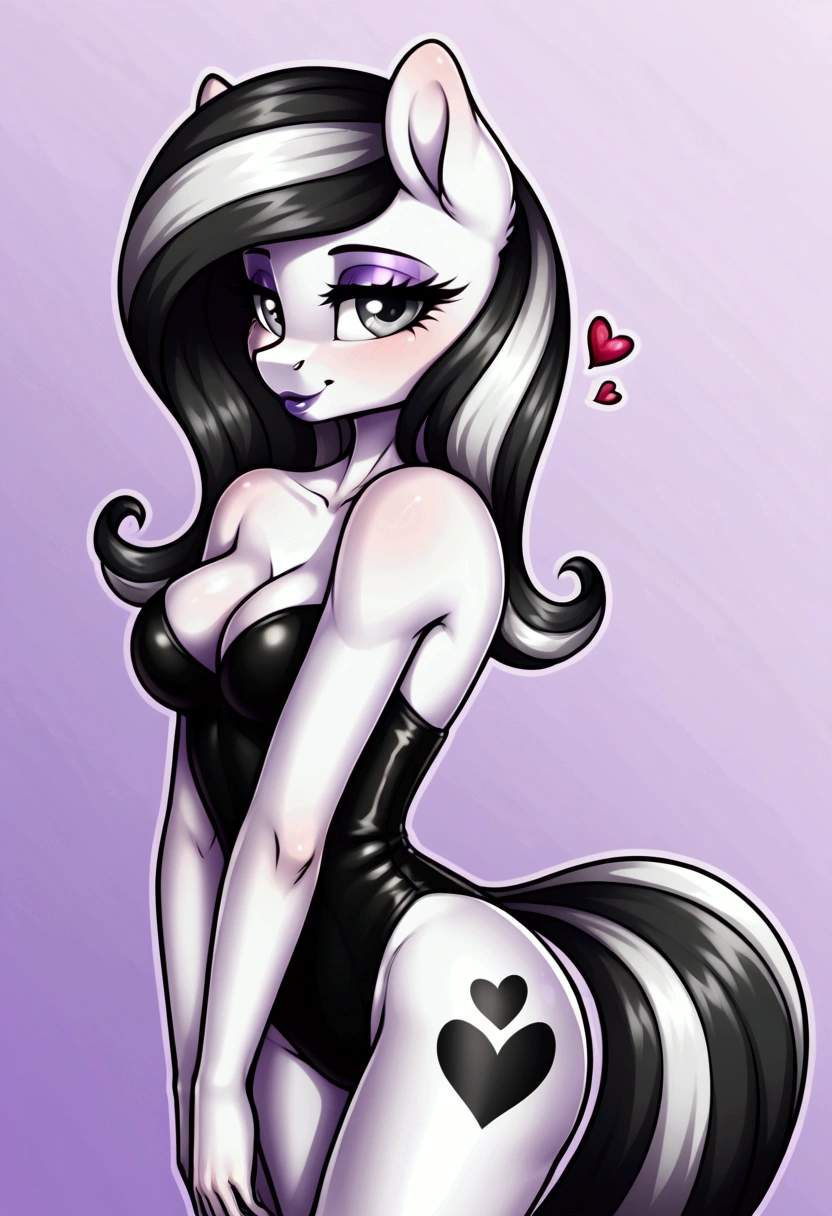 My little pony, (anthro), ((outfit)), ((two-tone hair with black on top and white underneath)), pale white body, gray eyes, medium breasts, purple lips, perfect lines, heart cutie mark, seductive pose
