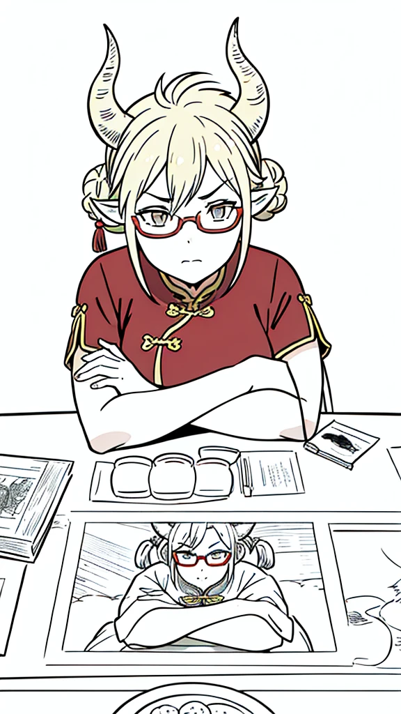 1girl,40 years old,milf,solo,(serious),blonde hair, short hair,(cow ears),((sitting,crossed legs)),red dress,double bun,bun cover,china dress,chinese clothes,short sleeves,horns,glasses,(white background,line drawing),upper body,crossed arms,pov across table