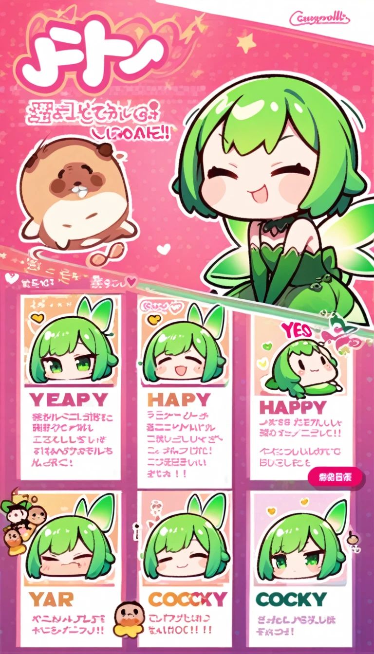 fairy girl, shady, green fairy, smol, cute, kawaii, happy, yes, smirking, cocky, emote, character profile