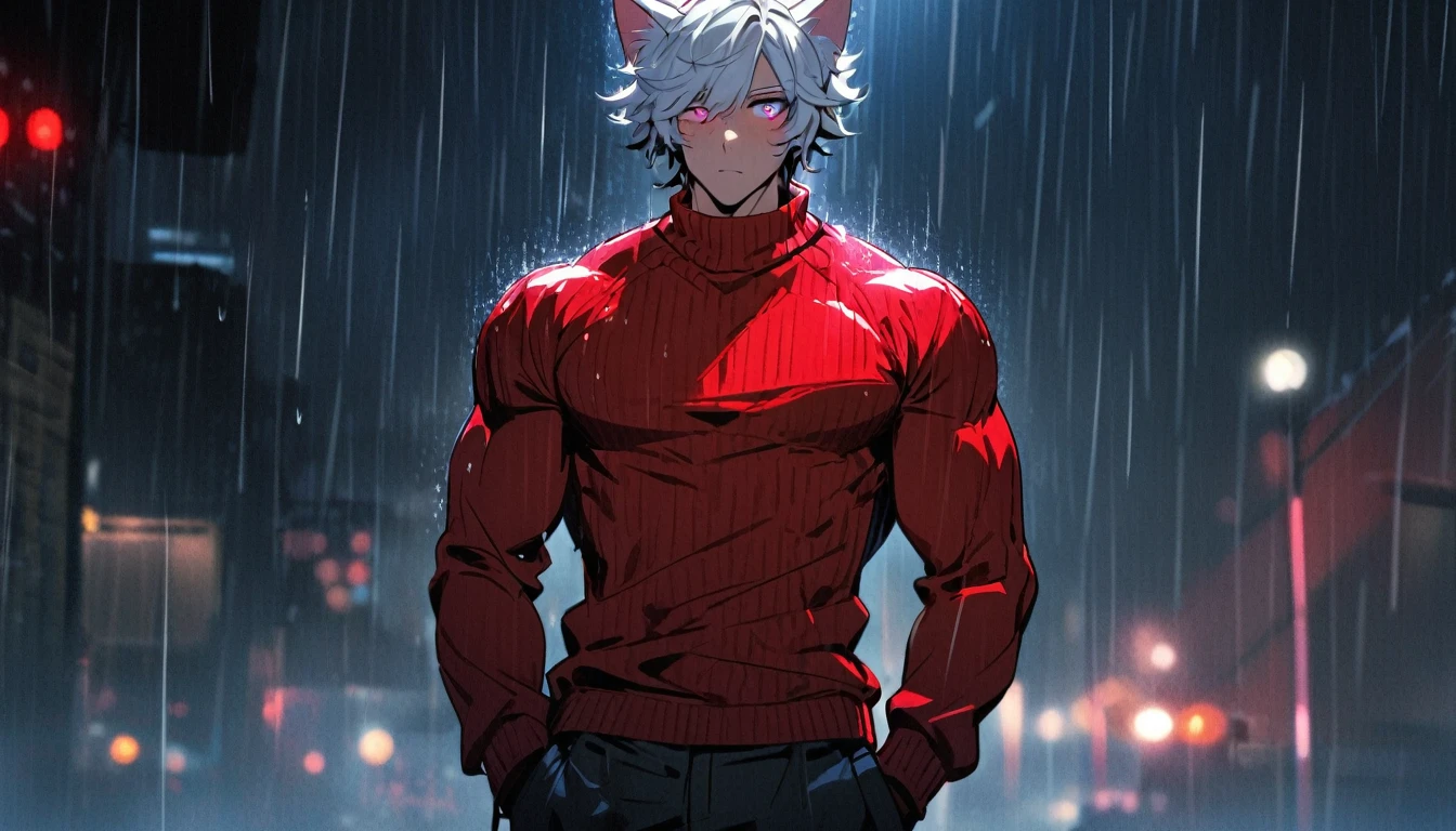 1 men, short white hair, eye pink, Kitten ears, wearing a red sweater, wearing gloves, slightly muscular body, at night, raining, front view, on a plain , Hand in pockets, 4K, bright coloured, tall quality, close up no rosto, raining
