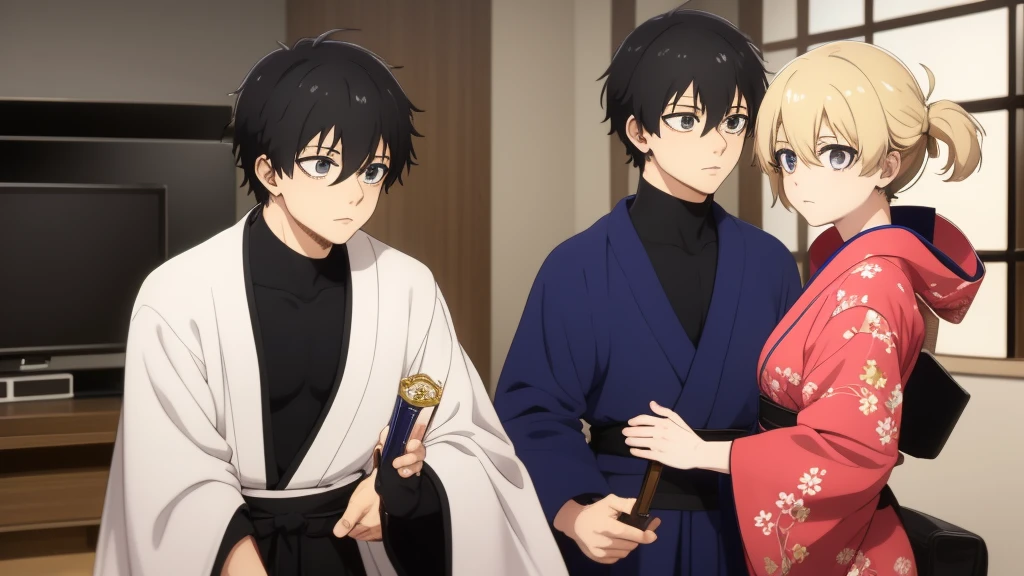 (masterpiece), best quality, expressive eyes, perfect face, cute anime boy, shota, cute, anime cutscene, siblings, domestic, kimono, eathing together