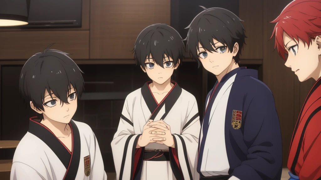 (masterpiece), best quality, expressive eyes, perfect face, cute anime boy, shota, cute, anime cutscene, siblings, domestic, kimono, eathing together