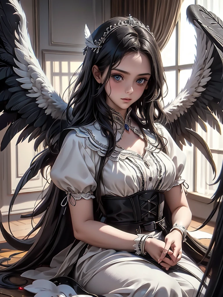 masterpiece, Angel Girl, young，************，Brunette with wings, White dress with feathers, Close-up portrait, Delicate face, Lots of black feathers, silver，Black Wings