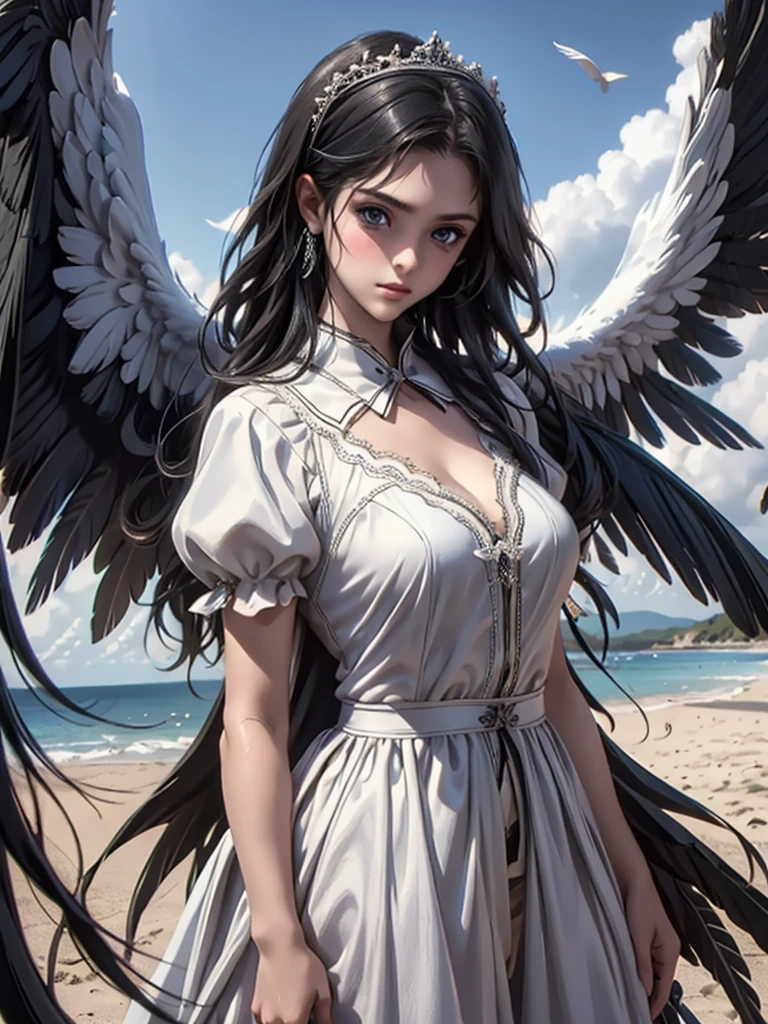 masterpiece, Angel Girl, young，12 years old，Brunette with wings, White dress with feathers, Close-up portrait, Delicate face, Lots of black feathers, silver，Black Wings