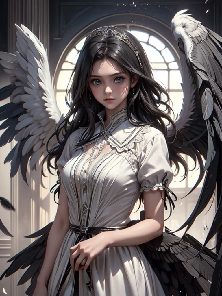 masterpiece, Angel Girl, young，************，Brunette with wings, White dress with feathers, Close-up portrait, Delicate face, Lots of black feathers, silver，Black Wings