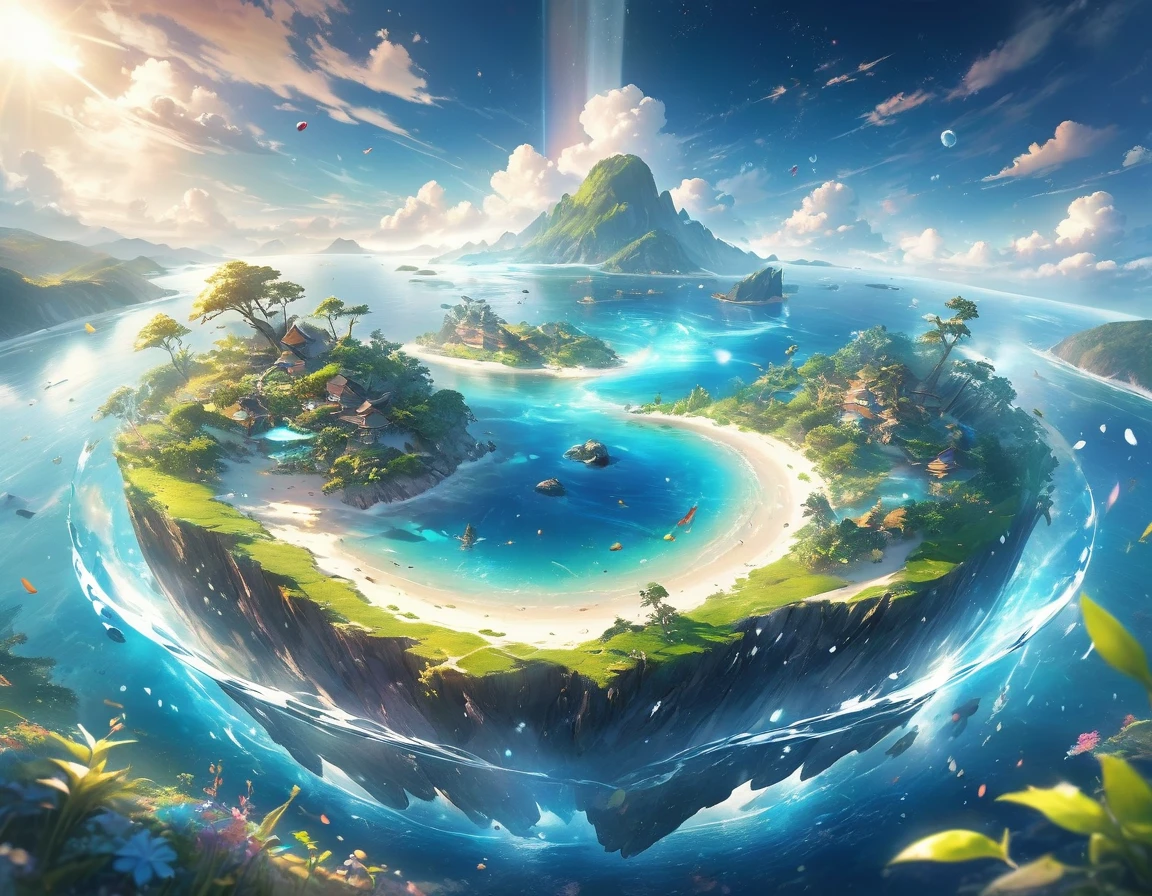 Very detailed, Super complex, Extremely precise, An island with a mysterious glow, Transparent full color, Holographic gloss and reflections, Pursuing the expressiveness of mysterious light, BREAK Mysterious Plant, Detailed and precise, Brightly colored fruits, The charm of fresh green, Meticulous and delicate brushwork combined with a beautiful balance of colors, BREAK Mysterious Rocks, Inorganic Silence, Detailed and realistic textures, The philosophy of loneliness, BREAK Mystical Water, High transparency, Fine and attractive liquid texture, The source of life, Absolute aesthetics beyond human rationality, Secret Beach, Tiny grains of sand, High quality sand, BREAK A magical island covered in mist, Mysterious accumulation, Mysterious light pours in, Dramatic lighting, Practical, Composition, Dynamic perspective, BREAK A work of art that depicts a mysterious island with extreme aesthetics, Super Retina,