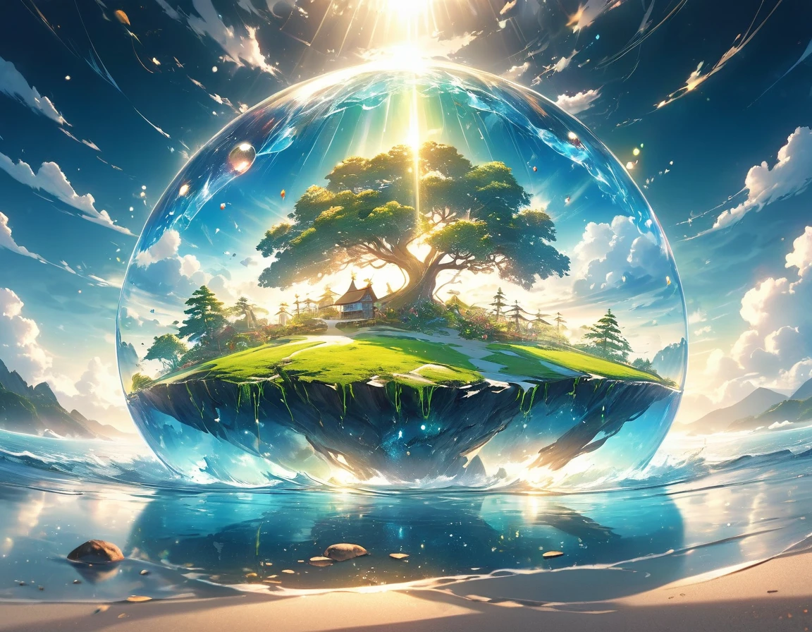 Very detailed, Super complex, Extremely precise, An island with a mysterious glow, Transparent full color, Holographic gloss and reflections, Pursuing the expressiveness of mysterious light, BREAK Mysterious Plant, Detailed and precise, Brightly colored fruits, The charm of fresh green, Meticulous and delicate brushwork combined with a beautiful balance of colors, BREAK Mysterious Rocks, Inorganic Silence, Detailed and realistic textures, The philosophy of loneliness, BREAK Mystical Water, High transparency, Fine and attractive liquid texture, The source of life, Absolute aesthetics beyond human rationality, Secret Beach, Tiny grains of sand, High quality sand, BREAK A magical island covered in mist, Mysterious accumulation, Mysterious light pours in, Dramatic lighting, Practical, Composition, Dynamic perspective, BREAK A work of art that depicts a mysterious island with extreme aesthetics, Super Retina, 