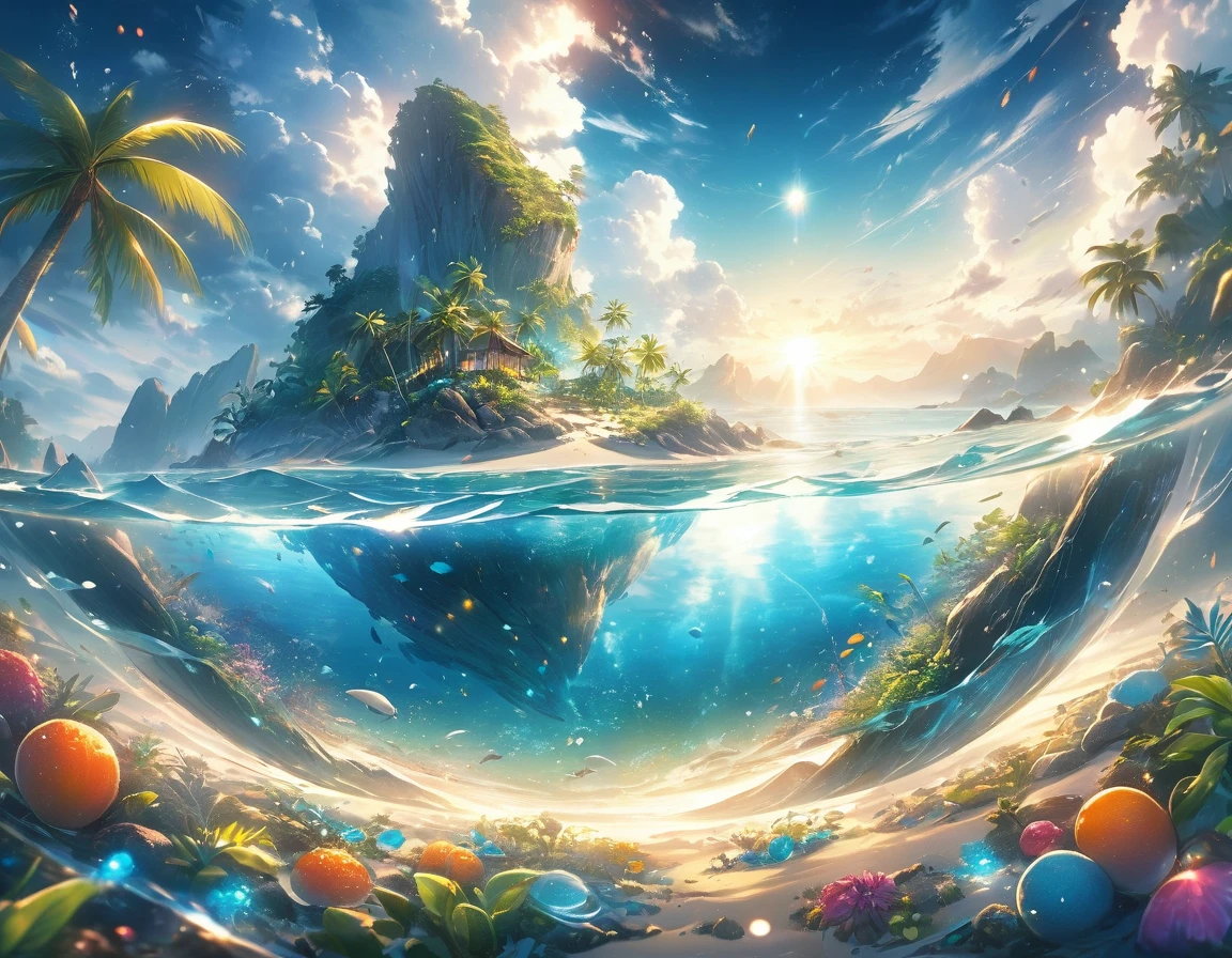 Very detailed, Super complex, Extremely precise, An island with a mysterious glow, Transparent full color, Holographic gloss and reflections, Pursuing the expressiveness of mysterious light, BREAK Mysterious Plant, Detailed and precise, Brightly colored fruits, The charm of fresh green, Meticulous and delicate brushwork combined with a beautiful balance of colors, BREAK Mysterious Rocks, Inorganic Silence, Detailed and realistic textures, The philosophy of loneliness, BREAK Mystical Water, High transparency, Fine and attractive liquid texture, The source of life, Absolute aesthetics beyond human rationality, Secret Beach, Tiny grains of sand, High quality sand, BREAK A magical island covered in mist, Mysterious accumulation, Mysterious light pours in, Dramatic lighting, Practical, Composition, Dynamic perspective, BREAK A work of art that depicts a mysterious island with extreme aesthetics, Super Retina, 