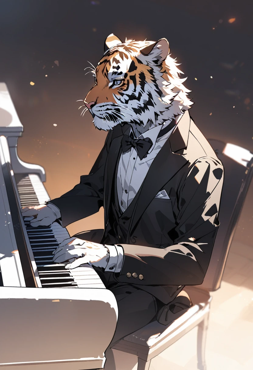 A tiger playing the piano，Black Tuxedo