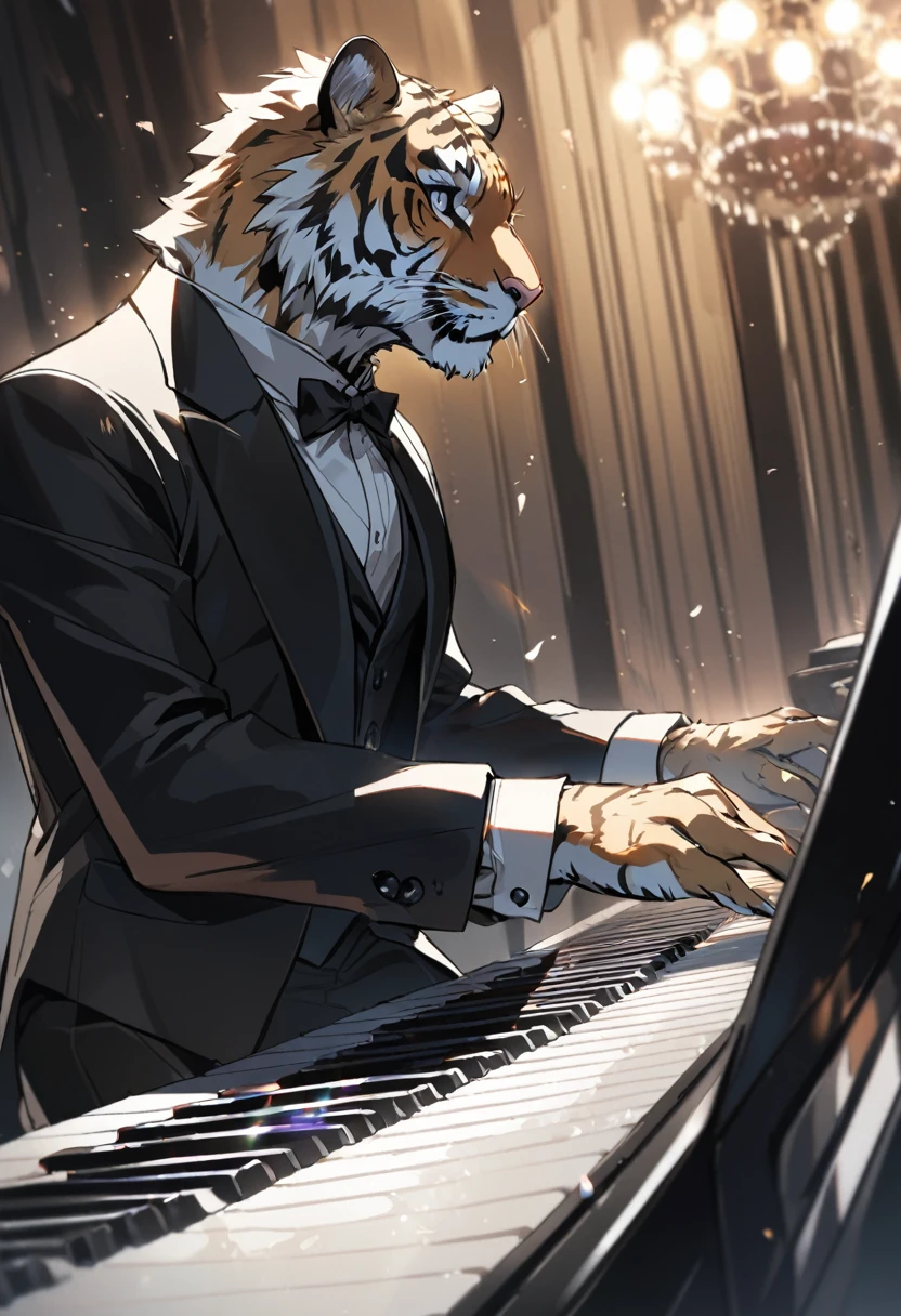 A tiger playing the piano,Black Tuxedo
