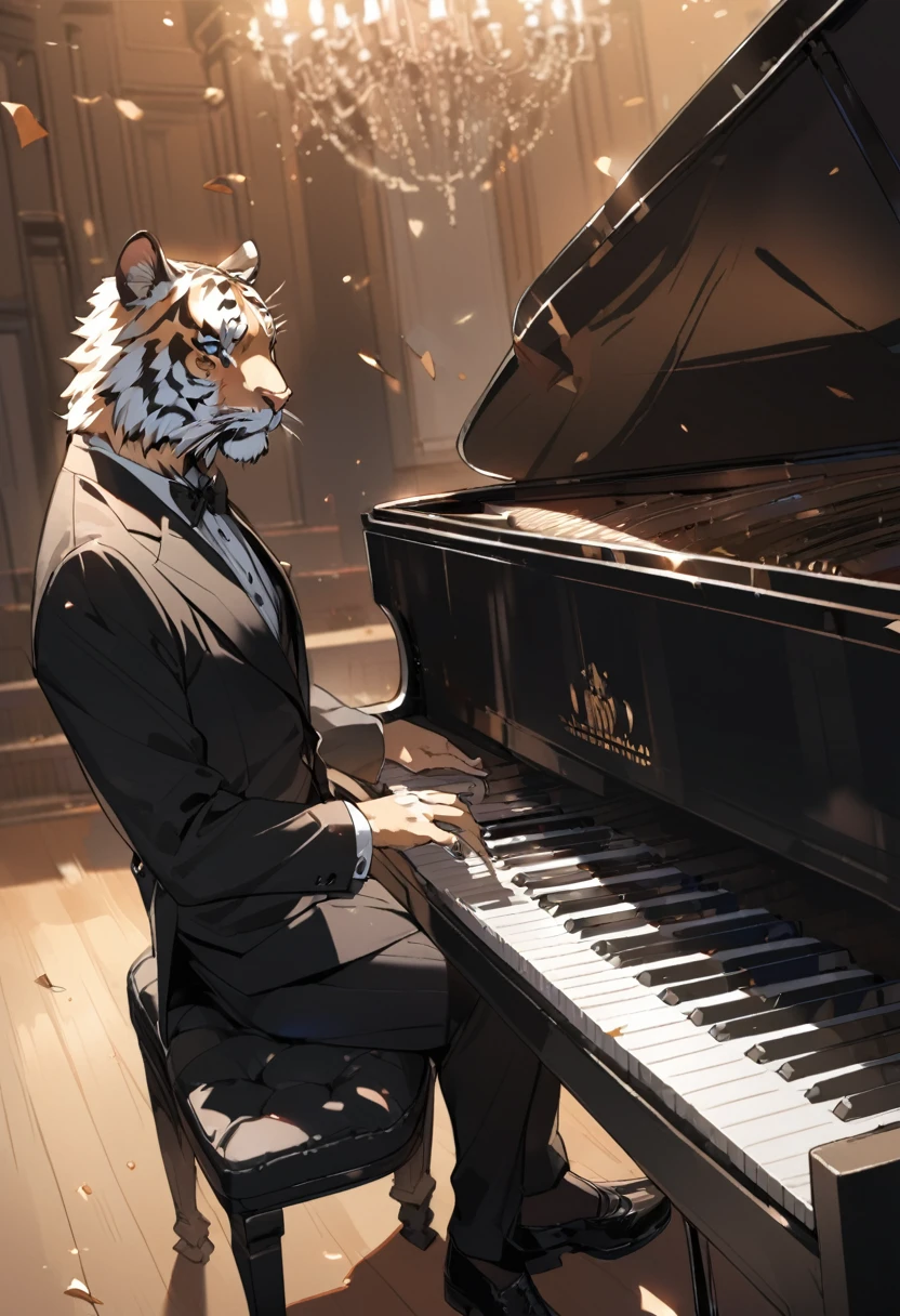 A tiger playing the piano，Black Tuxedo