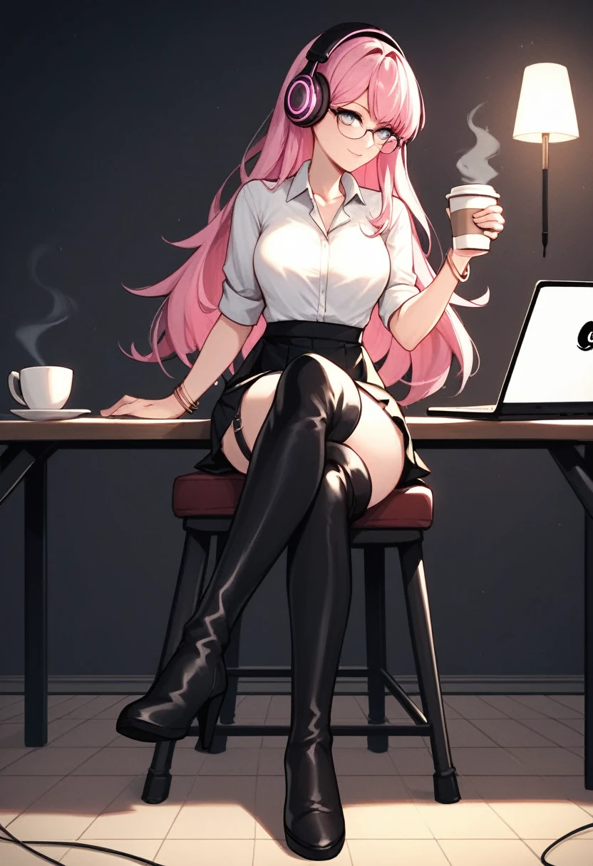 Office lady, black stockings, miniskirt, long pink hair, lunchtime, coffee, solo, office, looking at viewer, front view,