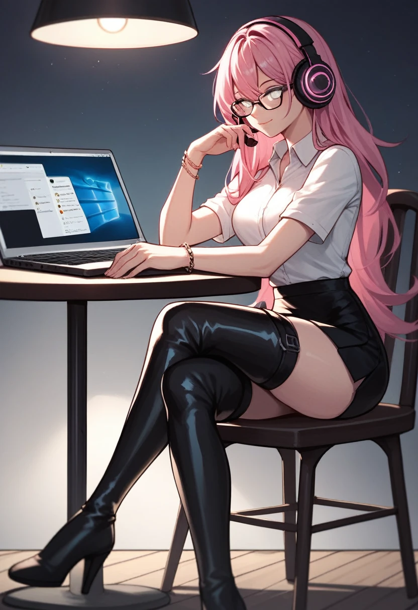 score_9, score_8_up, score_7_up, score_6_up, score_5_up, score_4_up, source_anime, 1woman, pink hair, long hair, white eyes, sitting at the laptop, table, white shirt, skirts, thigh high boots, crossed legs, black boots, bracelets, platforms, glasses, Look at your feet, coffee, headphones, dark room, night, best quality, best res, 4K UHD,
 