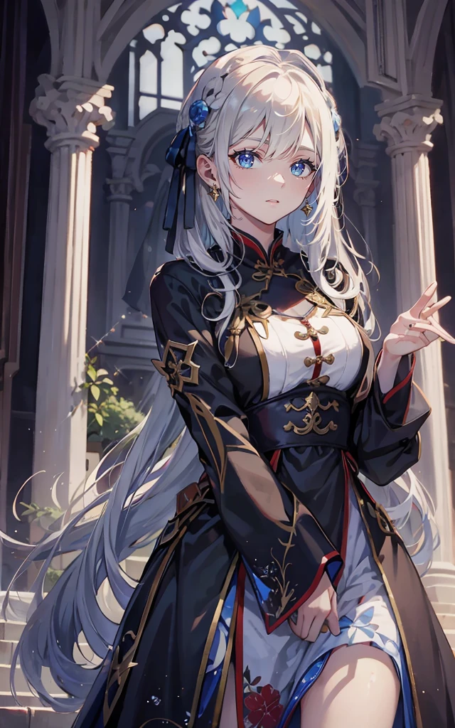 High resolution, masterpiece, accurate, Highest quality, Winner of numerous awards, High-resolution model,
Heavy bangs,Silver Hair,Wet Hair,Super long hair,ponytail,
slender,White skin,Medium chest Ice blue eyes,Sharp, thin eyebrows,smile,
Seaside,Western-style castle,
Butterfly Hair Ornament,Crystal Earrings,
Swimwear,Simple bikini,
Character portrait,Full body anime style, One girl, solo,