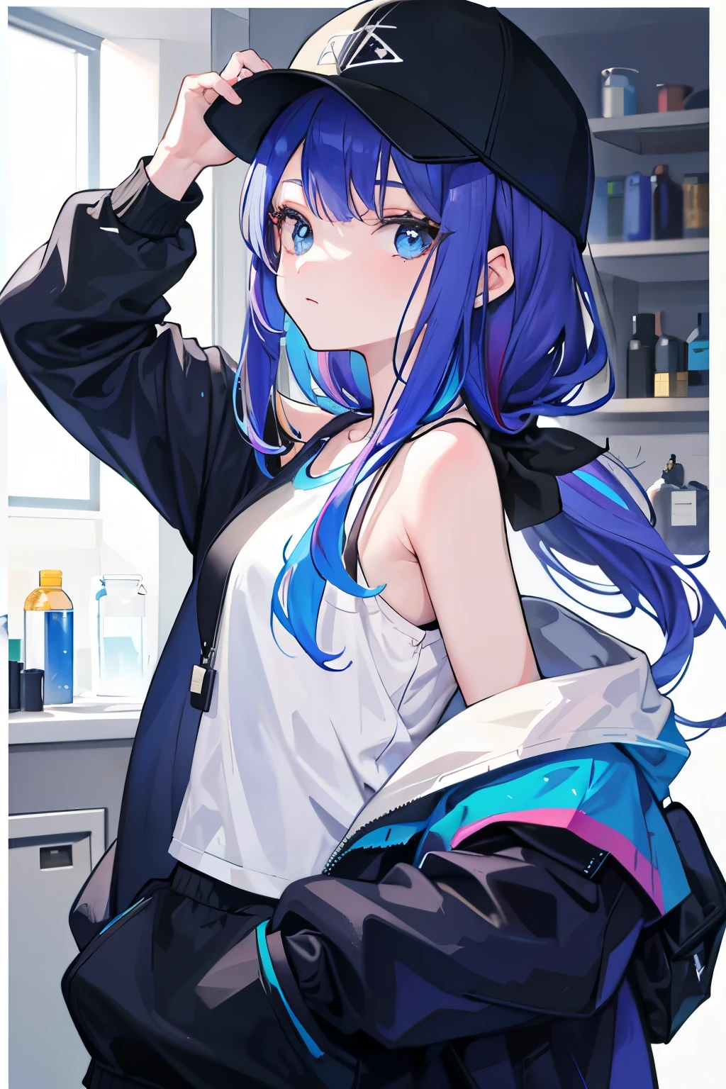 1girll，Back shadow，Sweatshirt，An off-the-shoulder garment，baseball cap，Alchemy Laboratory，the mystery of unknown territories，Put your hands in your pockets，Rainbow hair，Shoulder-length hair，Blue eyes，Game scene graph